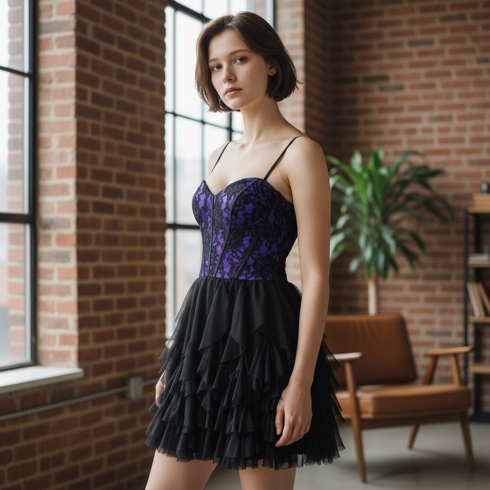Vintage DEB Purple Black Lace Ruffle Mini Dress‎ Y2K Goth Prom Whimsygoth Fairy